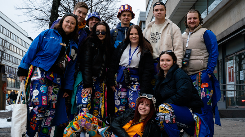 Students wearing overalls in Lahti while attending a student event.