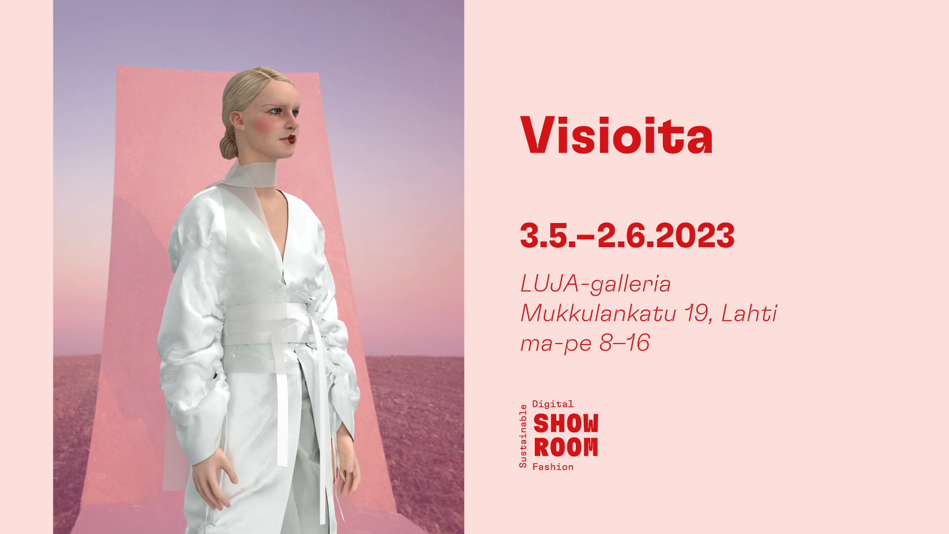 Visioita-näyttelyn banneri, jossa on kuva 3D-mallinnetusta avatarista valkoiset vaatteet päällään. Asun on suunnitellut Helka Räty.