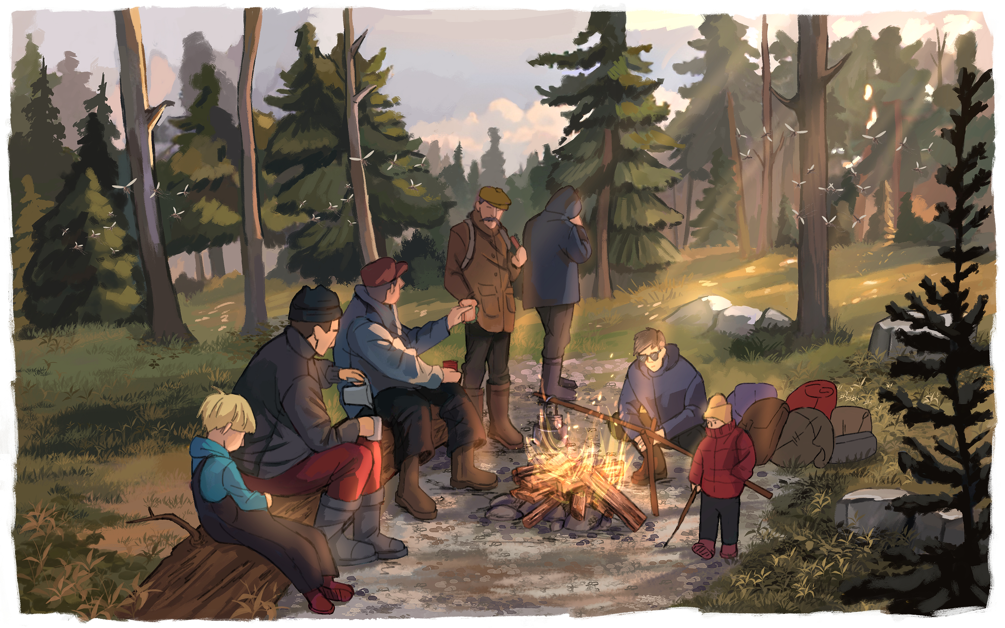 Ihmisiä nuotion ympärillä metsässä evästauolla.