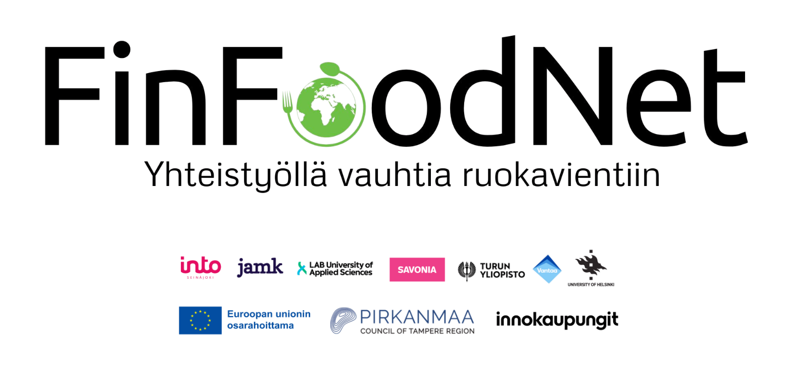 Kuvassa kaikki hankkeen toimijoiden logot FinFoodNet, Into, JAmk, LAB, Savonia, Turun yliopisto, Vantaa, Helsingin yliopisto, Euroopan unionin osarahoittama, Oirkanmaan liitto, Innokaupungit