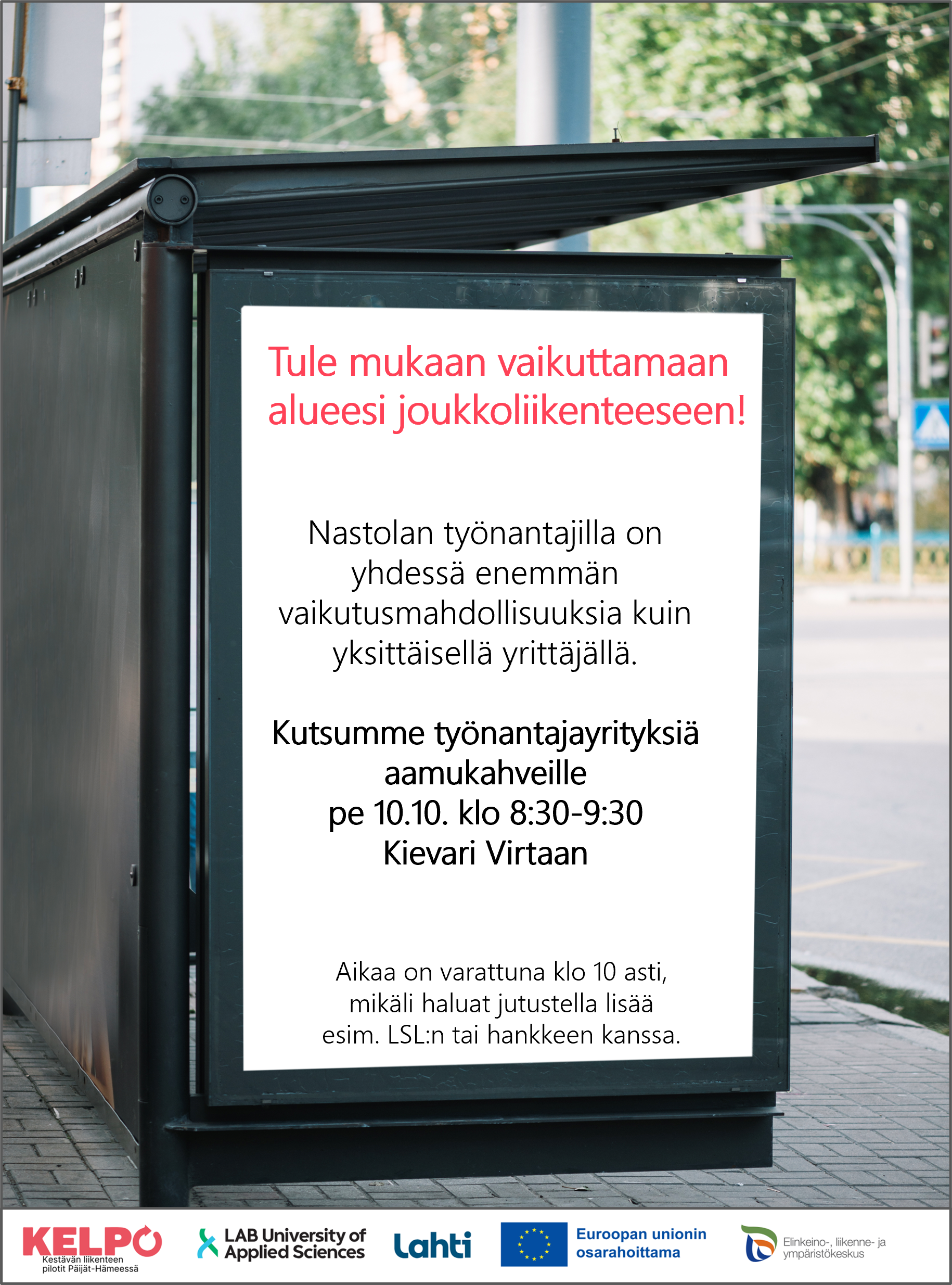 Bussipysäkin mainostaulu, jossa kutsu 10.10. KELPO-työnantajan aamukahveille