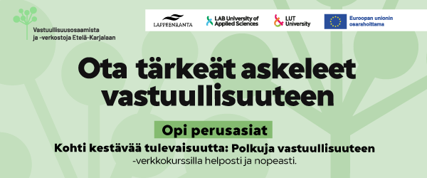 Kohti kestävää tulevaisuutta: Polkuja vastuullisuustekoihin -verkkokurssin mainoskuva