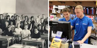 Kuvissa opetustunnelmia luokkahuoneesta vuodelta 1962 ja työelämäjaksolta vuodelta 2019.