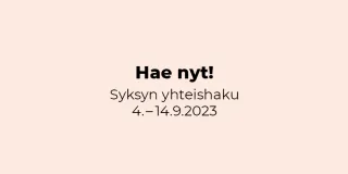 Syksyn yhteishaun vaaleanpunainen kuvituskuva, missä lukee haun alkamispäivä