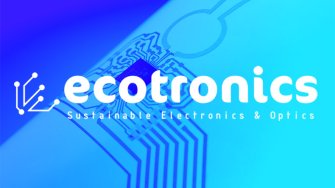 ECOtronics logo, on a background: blue shaded picture with printed electronics on a substrate