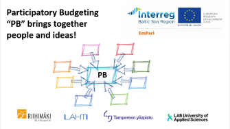 Participatory budgeting brings people and ideas together. Also on show, logos from the Interreg, Tampere University, LAB Finland and the cities of Lahti and Riihimäki