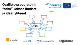 Osallistuva budjetointi "osbu" tuo ihmiset ja ideat yhteen. Mukana Interreg-EmPaci -logo sekä Tampereen yliopiston, LAB-ammattikorkeakoulun, Riihimäen ja Lahden logot.