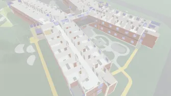 ToPo-hankkeen Lappeenrannassa sijaitsevan pilottikohteen Ortamonpuiston poistumisturvallisuustiedoilla rikastettu tietomalli.