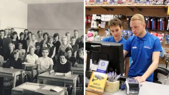 Kuvissa opetustunnelmia luokkahuoneesta vuodelta 1962 ja työelämäjaksolta vuodelta 2019.