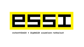 ESSI-logo, jossa ESSI kirjoitettu mustalla tekstillä, keltaiselle pohjalle. Alla hankkeen koko nimi: Esteettömät + älykkäät asumisen ratkaisut.