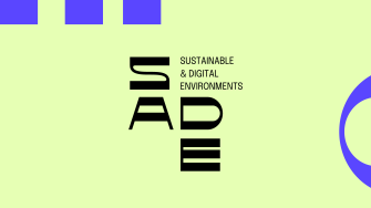 Banneri keltaisella pohjalla, jossa violetteja graafisia elementtejä ja SADE-logo