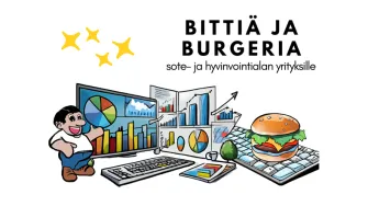 Piirroskuva, missä on mies, tietokoneita ja hampurilainen