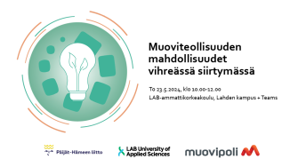 Vihertävä ympyrä, jossa valkoinen hehkulamppu, jonka sisällä pari versoa. Lampun takana kiertävä elementti, jossa ympyrä muuttuu suorakulmioksi. Teksti oikealla: Muoviteollisuuden mahdollisuudet vihreässä siirtymässä sekä tilaisuuden ajankohta. Alla logot: Päijät-Hämeen liitto, LAB-ammattikorkeakoulu ja Muovipoli