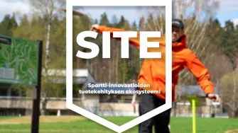 Logo, jonka taustalla frisbeegolfaaja