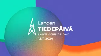Lahden tiedepäivän kuva, jossa logo ja värikkäitä abstrakteja kuvioita. 