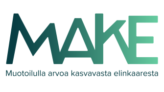 MAKE-teksti tyylitelty, liukuväri tummasta vihreästä vaaleaan vihreään. Alla: Muotoilulla arvoa kasvavasta elinkaaresta