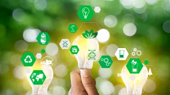 Käsi ja polttimo vihreällä taustalla.