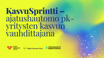 KasvuSprintti-hankkeen nimi kirkkaalla keltavihreällä pohjalla. Lisäksi rahoittajien ja LABin logot. 