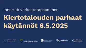 Tumman sinisellä taustalla teksti: InnoHub verkostotapaaminen. Kiertotalouden parhaat käytännöt 6.5.2025