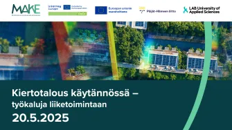 Kiertotalous käytännössä - työkaluja liiketoimintaan 20.5.2025, kuva yläilmoista kuvattu kaupunki sekä logoja, esim. EU:n osarahoittama.