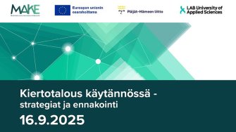 Kiertotalous käytännössä - strategiat ja ennakointi 16.9.2025. Kuvituskuvana kulmikkaita elementtejä ja valopisteitä. Rahoittajien logot yllä.