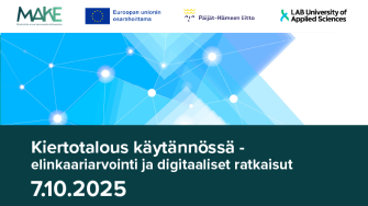 Kiertotalous käytännössä - elinkaariarviointi ja digitaaliset ratkaisut 7.10.2025. Kuvituskuvana kulmikkaita sinisiä elementtejä ja valopisteitä. Rahoittajien logoja yllä.