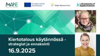 Kiertotalous käytännössä strategiat ja ennakointi 16.9.2025, EU:n osarahoittama, Päijät-Hämeen liitto ja LAB-ammattikorkeakoulun logot