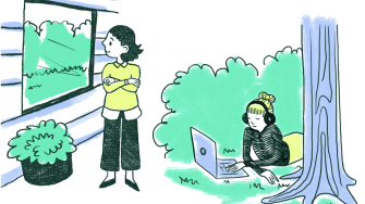 Kuvituskuva, jossa henkilö katsoo ulos ikkunasta vehreää maisemaa ja toinen henkilö makaa kuulokkeet päässä läppärin kanssa puistossa.