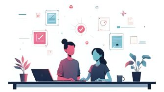 Two persons sitting in front of an office desk, pink and blue tones, artificial intelligence references in the air