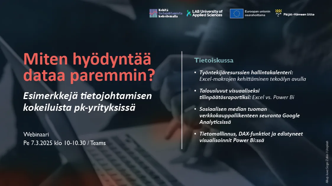 Miten hyödyntää dataa paremmin? Esimerkkejä tietojohtamisen kokeiluista pk-yrityksissä 7.3.2025 klo 10-10.30