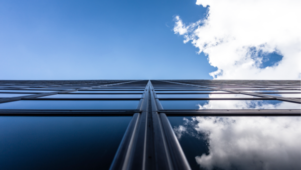  The sky is reflected from the glass wall