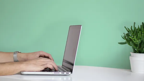 Laptop and a light green wall.