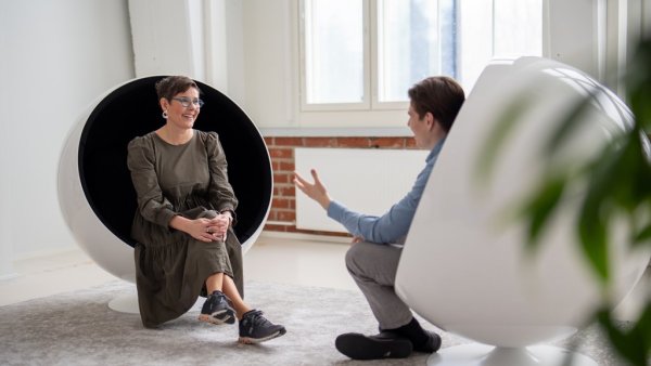 LAB personnel chatting in ball chairs