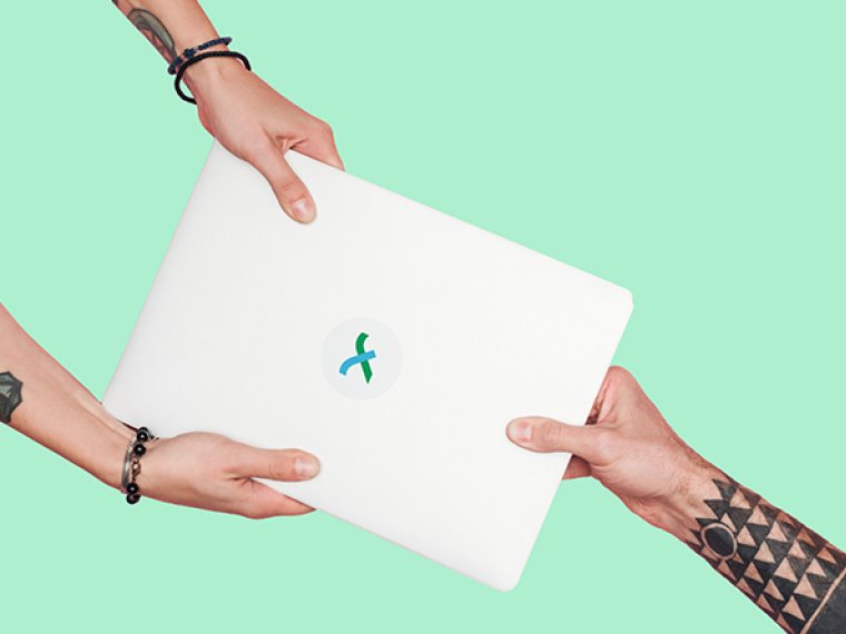 Tattooed people pulling laptop on a light green background.