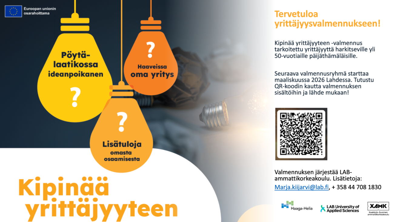 Kipinää yrittäjyyteen -valmennuksen ennakkomainos.