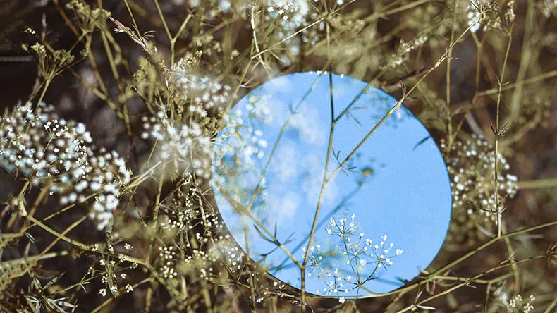 Sky landscape in a round mirror lying on the grass