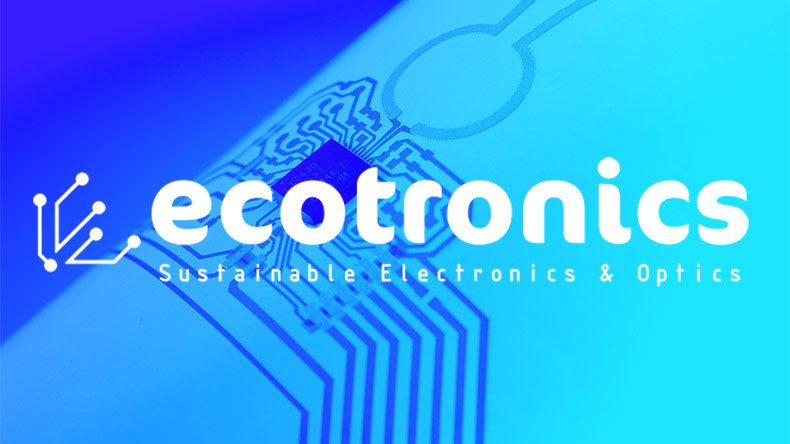 ECOtronics logo, on a background: blue shaded picture with printed electronics on a substrate