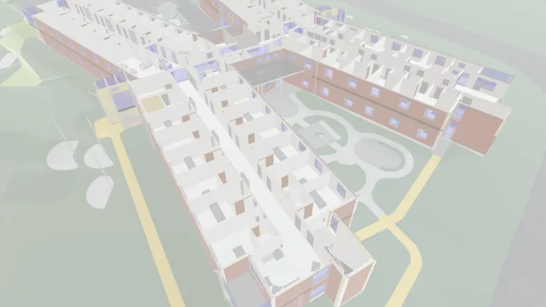 ToPo-hankkeen Lappeenrannassa sijaitsevan pilottikohteen Ortamonpuiston poistumisturvallisuustiedoilla rikastettu tietomalli.