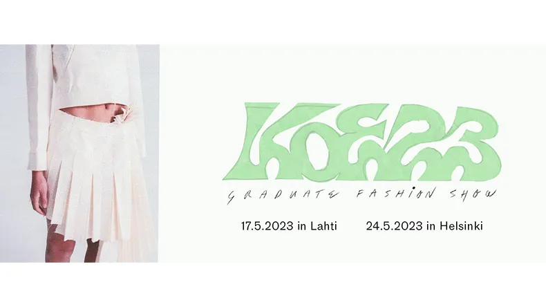 KOE23-muotinäytöksen bannerimainos nainen valkoisessa paidassa ja valkoisessa hameessa