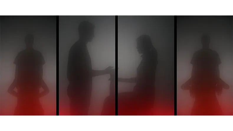 Yu-Hsuan Yaon teos jossa ihmisiä läpinäkyvän sermin takana