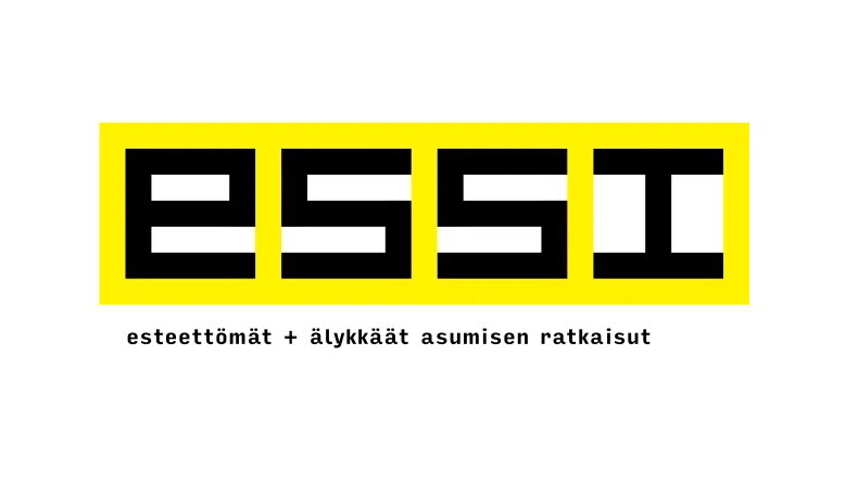ESSI-logo, jossa ESSI kirjoitettu mustalla tekstillä, keltaiselle pohjalle. Alla hankkeen koko nimi: Esteettömät + älykkäät asumisen ratkaisut.