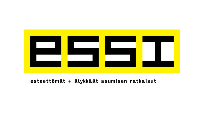 ESSI-logo, jossa ESSI kirjoitettu mustalla tekstillä, keltaiselle pohjalle. Alla hankkeen koko nimi: Esteettömät + älykkäät asumisen ratkaisut.