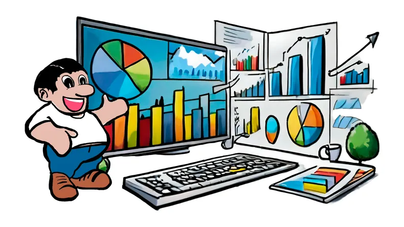 Piirretty kuva miehestä, joka osoittaa tietokoneen näytöllä olevia kaaviokuvia
