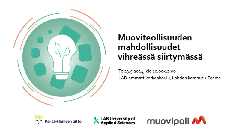 Vihertävä ympyrä, jossa valkoinen hehkulamppu, jonka sisällä pari versoa. Lampun takana kiertävä elementti, jossa ympyrä muuttuu suorakulmioksi. Teksti oikealla: Muoviteollisuuden mahdollisuudet vihreässä siirtymässä sekä tilaisuuden ajankohta. Alla logot: Päijät-Hämeen liitto, LAB-ammattikorkeakoulu ja Muovipoli