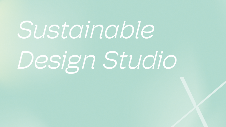 Vihreällä taustalla valkoinen teksti: Sustainable Design Studio