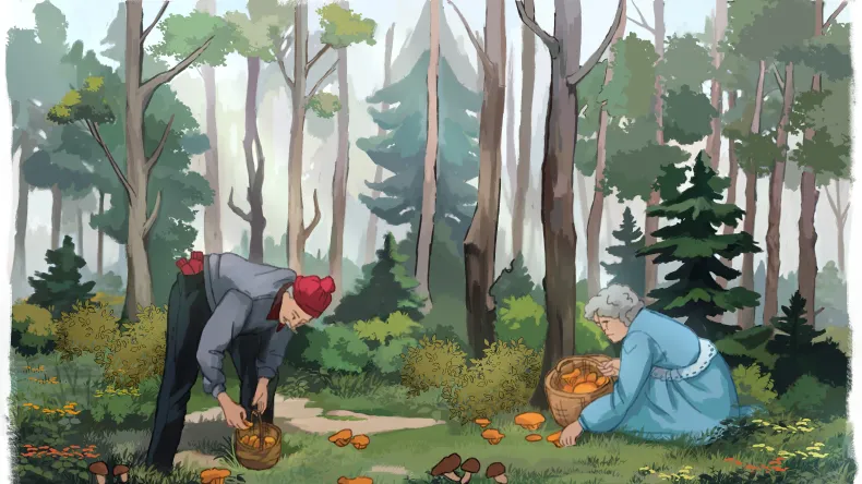 Eräperinteet; vanhempi mies ja nainen kesäisessä metsässä keräilemässä sieniä ja marjoja.