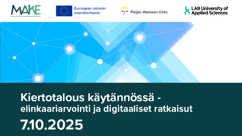 Kiertotalous käytännössä - elinkaariarviointi ja digitaaliset ratkaisut 7.10.2025. Kuvituskuvana kulmikkaita sinisiä elementtejä ja valopisteitä. Rahoittajien logoja yllä.