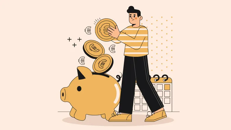 tyylitelty viivapiirros säästöpossusta johon nuori henkilö on laittamassa sinne kolikoita