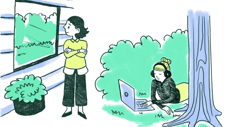 Kuvituskuva, jossa henkilö katsoo ulos ikkunasta vehreää maisemaa ja toinen henkilö makaa kuulokkeet päässä läppärin kanssa puistossa.