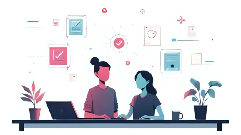 Two persons sitting in front of an office desk, pink and blue tones, artificial intelligence references in the air